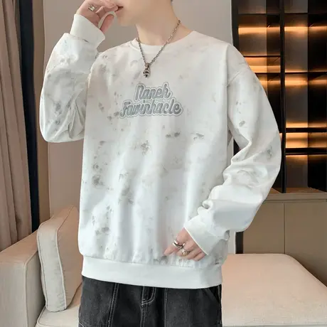 痞帅扎染卫衣男潮牌春秋款圆领长袖t恤男青少年字母印花打底秋衣T商品大图