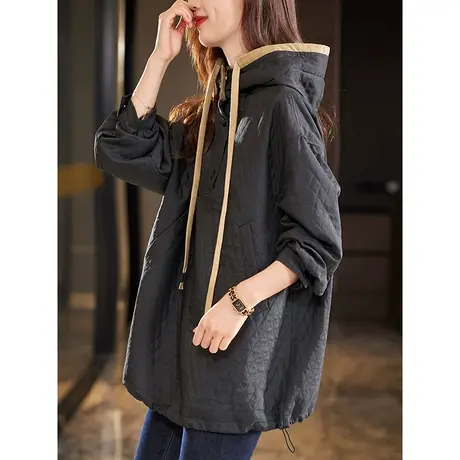 宝诗黎连帽抽绳中长款宽松卫衣女早春薄外套2024新款长袖套头上衣商品大图