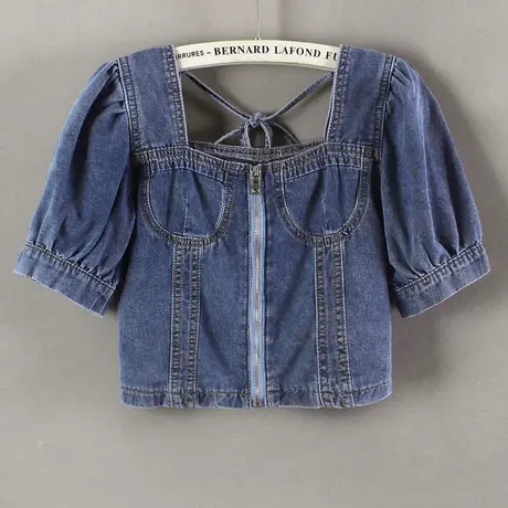 春夏新款性感韩版短款方领锁骨夏薄露背肚脐装泡泡袖牛仔上衣图片