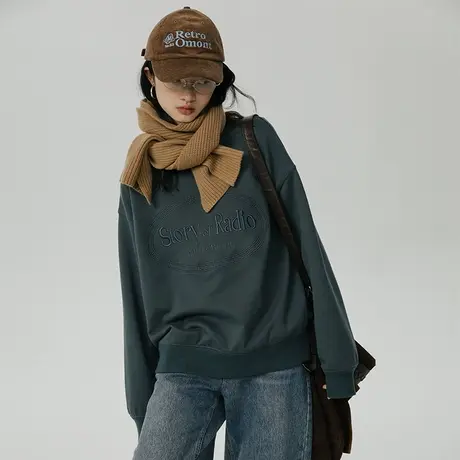 omont蛋挞家 粉色圆领卫衣女2023新款秋冬刺绣小个子休闲套头卫衣图片