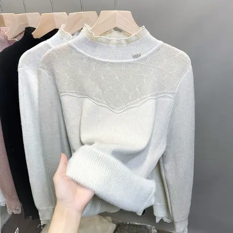 一体绒半高领毛衣女加绒厚打底衫2023秋冬新款亮丝针织衫内搭上衣商品大图