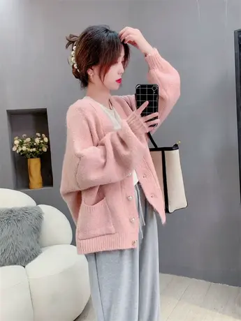 温柔风V领针织开衫女2023年新款秋季宽松洋气设计感百搭毛衣外套图片