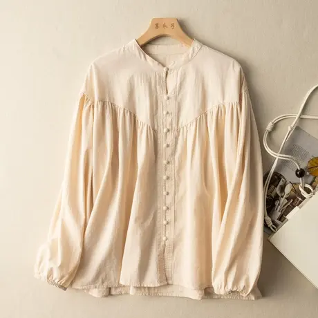 全棉圆领衬衫女文艺复古休闲设计感小众衬衣法式上衣2024春夏新款商品大图