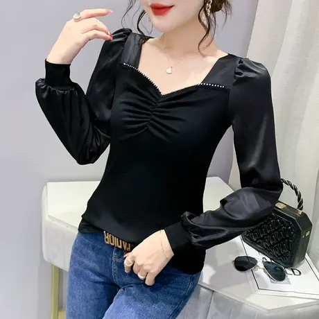 气质泡泡袖T恤女装性感V领烫钻洋气打底衫长袖秋装欧货紧身上衣潮商品大图