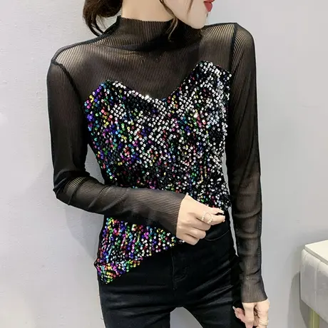 夜店风网纱拼接T恤女长袖春装闪闪亮片洋气上衣性感修身打底衫潮商品大图