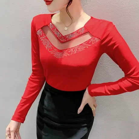重工烫钻V领T恤女长袖欧货洋气修身内搭打底衫性感网纱拼接上衣秋图片