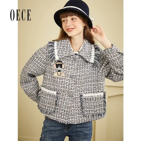 Oece粗花呢短款外套秋冬季新款复古小香风刺绣毛呢外套女气质图片