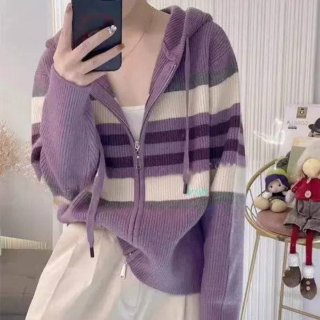 秋冬2023新款女装连帽拉链针织开衫外套时尚撞色条纹外穿毛衣百搭商品大图