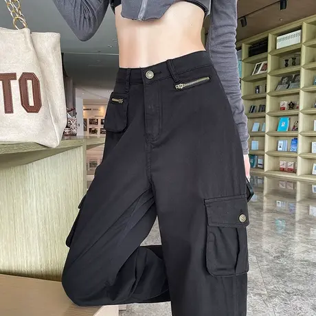 大口袋工装牛仔裤女春秋季2023新款高腰显瘦宽松老爹直筒阔腿裤子商品大图