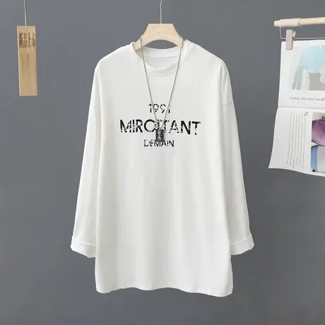 韩范春秋中长款长袖打底T恤女宽松百搭简约字母印花上衣女装体恤图片