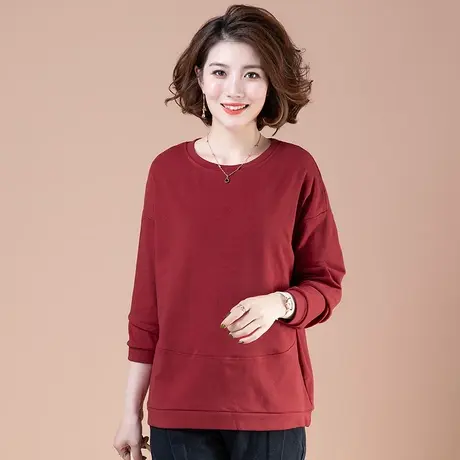 长袖t恤女春秋季加肥加大码女装宽松显瘦遮肚子妈妈装外穿打底衫商品大图