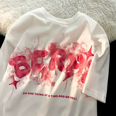 欧美复古短袖t恤女大码设计感小众宽松韩版bf慵懒风ins超火上衣服图片