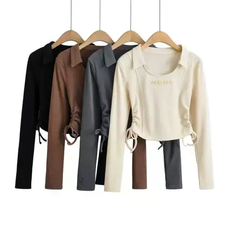 辣妹正肩针织短袖T恤女夏季2024新款短款小个子抽绳露脐性感上衣商品大图