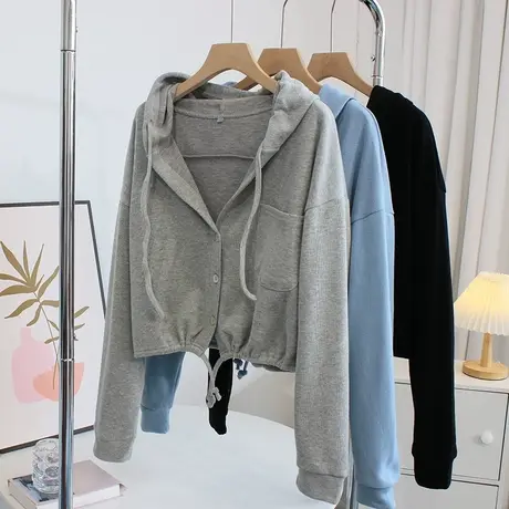 洋气款~软糯短款连帽卫衣开衫外套女春秋季百搭高腰抽绳休闲上衣图片