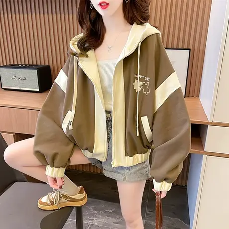 早春装短款卫衣女春秋季韩版宽松设计感小众薄款高腰拼色开衫外套商品大图