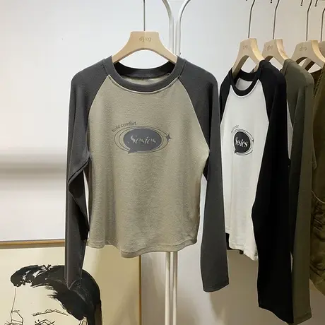 拼接撞色插肩袖T恤女秋季内搭修身小衫韩版小个子短款长袖上衣服商品大图