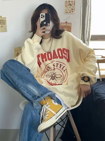 复古chic港风大码小众无帽卫衣女加绒潮牌ins休闲慵懒风秋冬上衣商品大图