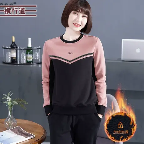 宽松外穿拼接保暖圆领打底衫拼色绣花加厚加绒卫衣女春装2024新款图片