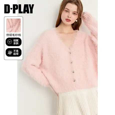 DPLAY【惠品】年冬装温柔风粉色V领落肩宽松仿貂毛针织衫图片