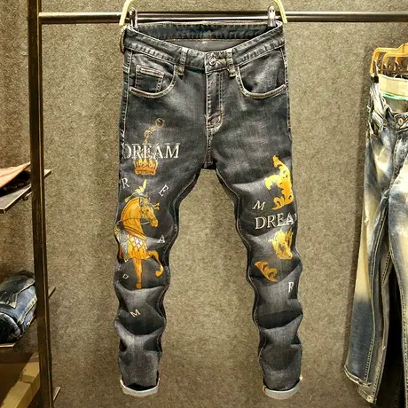 高端印花牛仔裤男2023新款修身小脚裤美式潮牌刺绣图案百搭男裤子商品大图