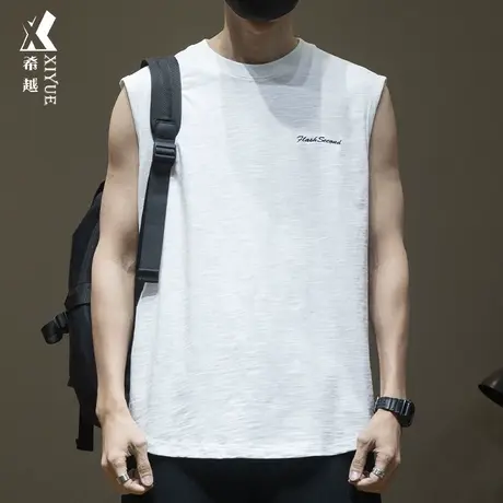 希越竹节平纹布透气短袖背心男白色大码坎肩汗衫夏季重磅无袖t恤商品大图