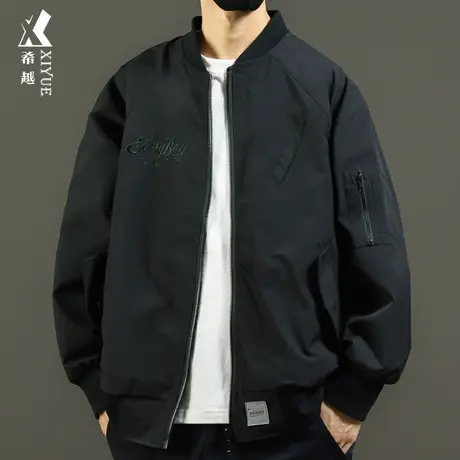 希越美式防风字母刺绣棒球服男秋冬宽松大码拉链口袋潮牌飞行夹克商品大图