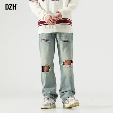 男士复古破洞牛仔裤男宽松直筒2023新款破洞裤秋季裤子大码运动裤商品大图