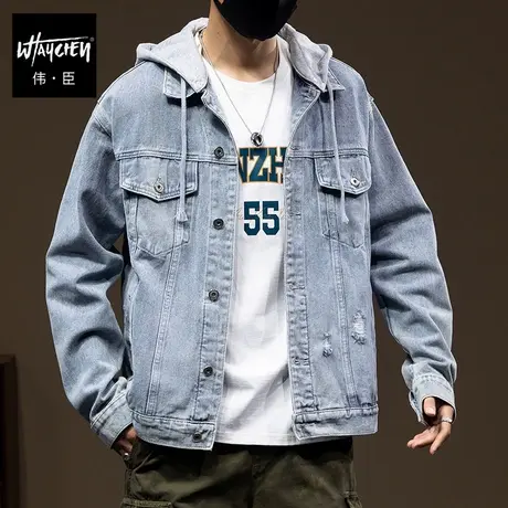 伟臣潮牌大码男装春秋夹克男胖子加肥加大连帽外套肥佬水洗牛仔服商品大图