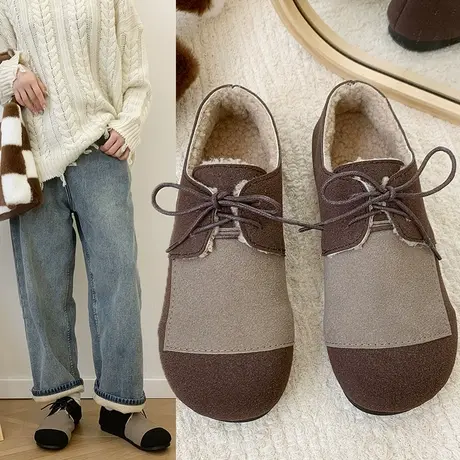 小众拼色复古平底加绒保暖单鞋女2023冬季外穿棉鞋系带森系毛毛鞋商品大图