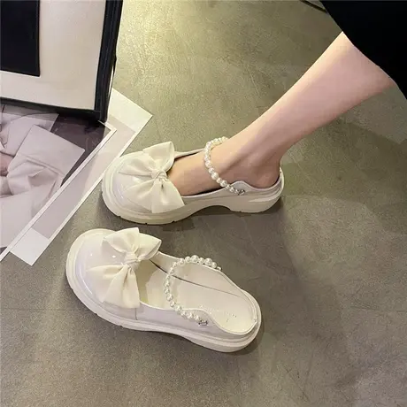 厚底玛丽珍包头拖鞋女2024新款春季珍珠法式蝴蝶结凉鞋粗跟小皮鞋商品大图