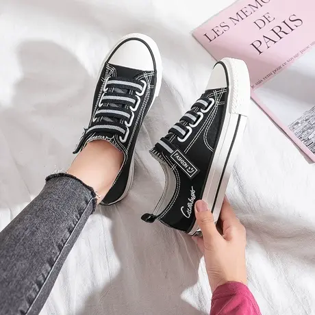 帆布鞋女2021年秋季薄款新款学生ulzzang百搭平底潮ins松紧带板鞋商品大图