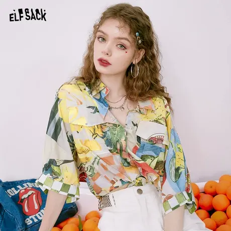 妖精的口袋正肩短袖花衬衫女2023夏季新款印花设计感法式小上衣商品大图