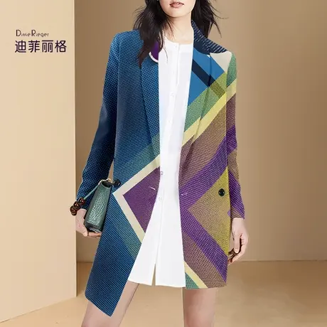 迪菲丽格秋装2023年新款流行印花休闲西装外套女高级感中长款西服图片