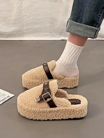 毛毛拖鞋女外穿网红2023秋冬季新款懒人百搭厚底羊羔毛包头棉拖鞋商品大图