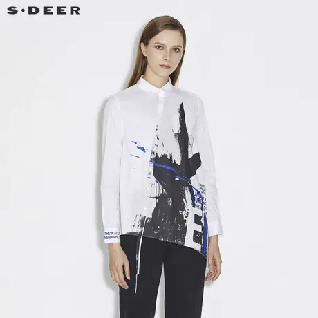 sdeer圣迪奥女装春秋装翻领字母印花不规则长袖衬衫女S21380541图片