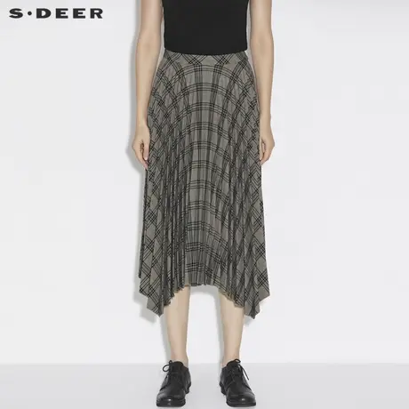sdeer圣迪奥女装春秋装复古英伦格纹不规则百褶裙长裙S21381101图片