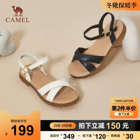 骆驼女鞋2023夏季新款真皮一字带休闲平底凉鞋女罗马风时装凉鞋图片