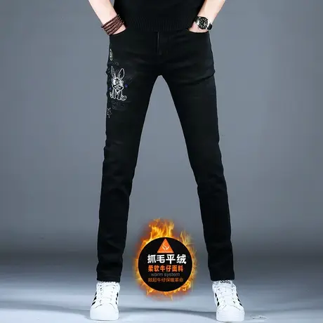 男士冬季加绒牛仔裤男时尚小脚修身烫钻保暖薄绒2023新款秋冬裤子商品大图