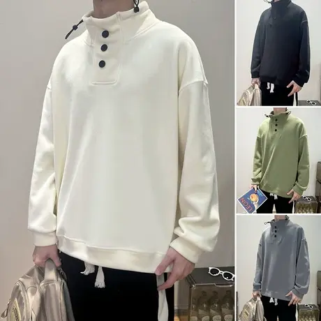 加厚加绒卫衣男春秋季新款套头内搭宽松美式纯色双面绒保暖外套潮图片