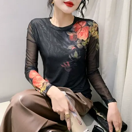 欧货性感网纱圆领打底衫长袖定位印花时尚气质内塔上衣女修身T恤商品大图