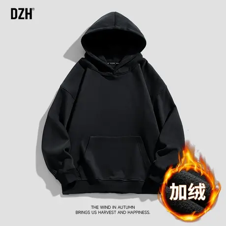 男士纯色加绒卫衣男冬季连帽潮牌宽松套头连帽衫打底上衣2024新款商品大图