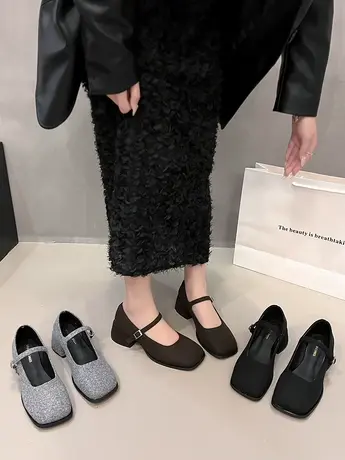 黑色法式高跟玛丽珍鞋单鞋女鞋子2024新款方头春秋季英伦风小皮鞋商品大图