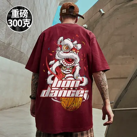 重磅蛇年2025新年醒狮短袖t恤街头大码红色圆领纯棉加肥加大半袖商品大图