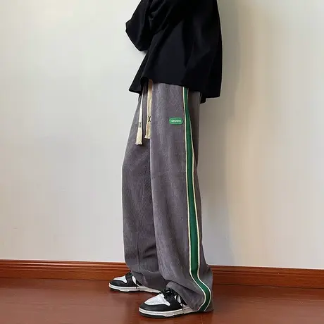 条纹拖地裤子男秋季ins潮牌宽松休闲裤设计感卫裤直筒阔腿运动裤商品大图