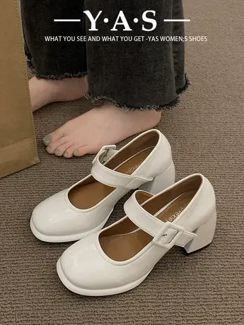 法式玛丽珍鞋女2024年新款粗跟单鞋白色辣妹高跟鞋芭比圆头小皮鞋图片