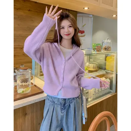 othermix 短款连帽毛衣外套女2024春秋新款慵懒风百搭针织衫开衫图片