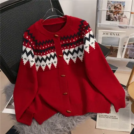 新年红色毛衣女春秋冬季2024新款爆款慵懒风加厚外套针织开衫女装图片