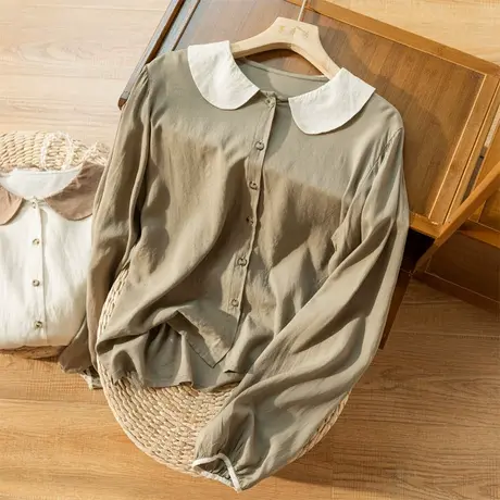 娃娃领棉麻衬衫女文艺复古宽松减龄上衣早秋寸衫百搭2022秋季新款商品大图