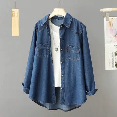 蓝色牛仔衬衫外套女春秋中长款大码2024年新款春季上衣慵懒风衬衣图片