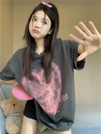 美式高街复古爱心天使印花短袖t恤女夏宽松慵懒风ins潮大码中长款图片